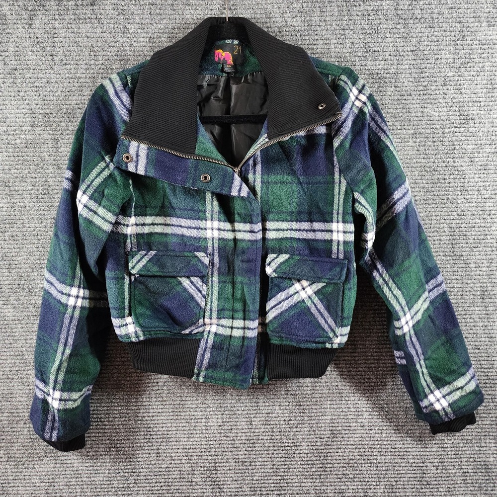 Forever 21 Jacket Womens Large Green Plaid Flannel Bomber‎ Zip Pockets Lined